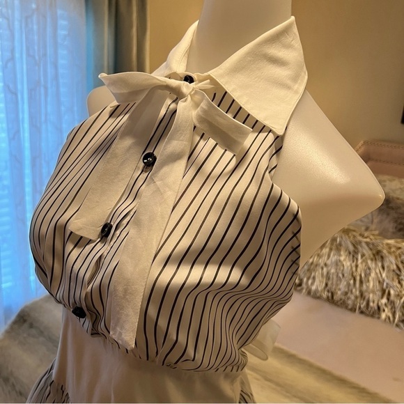 SEA NEW YORK White Gray Stripped 2 Dress Cotton Halter Bow Tie Collar Backless - Picture 3 of 17